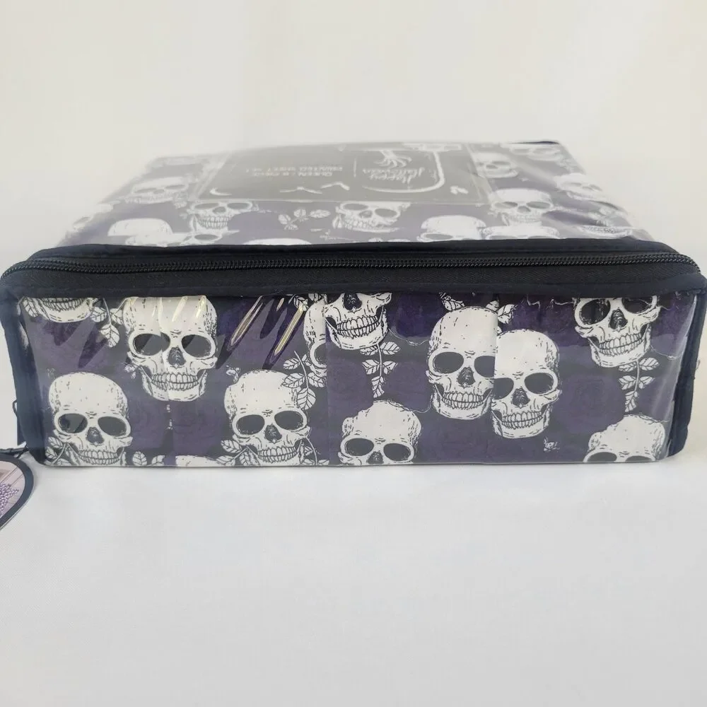 Halloween Trad Goth Style Queen 6pc Sheets Set Black White Skulls Purple Roses